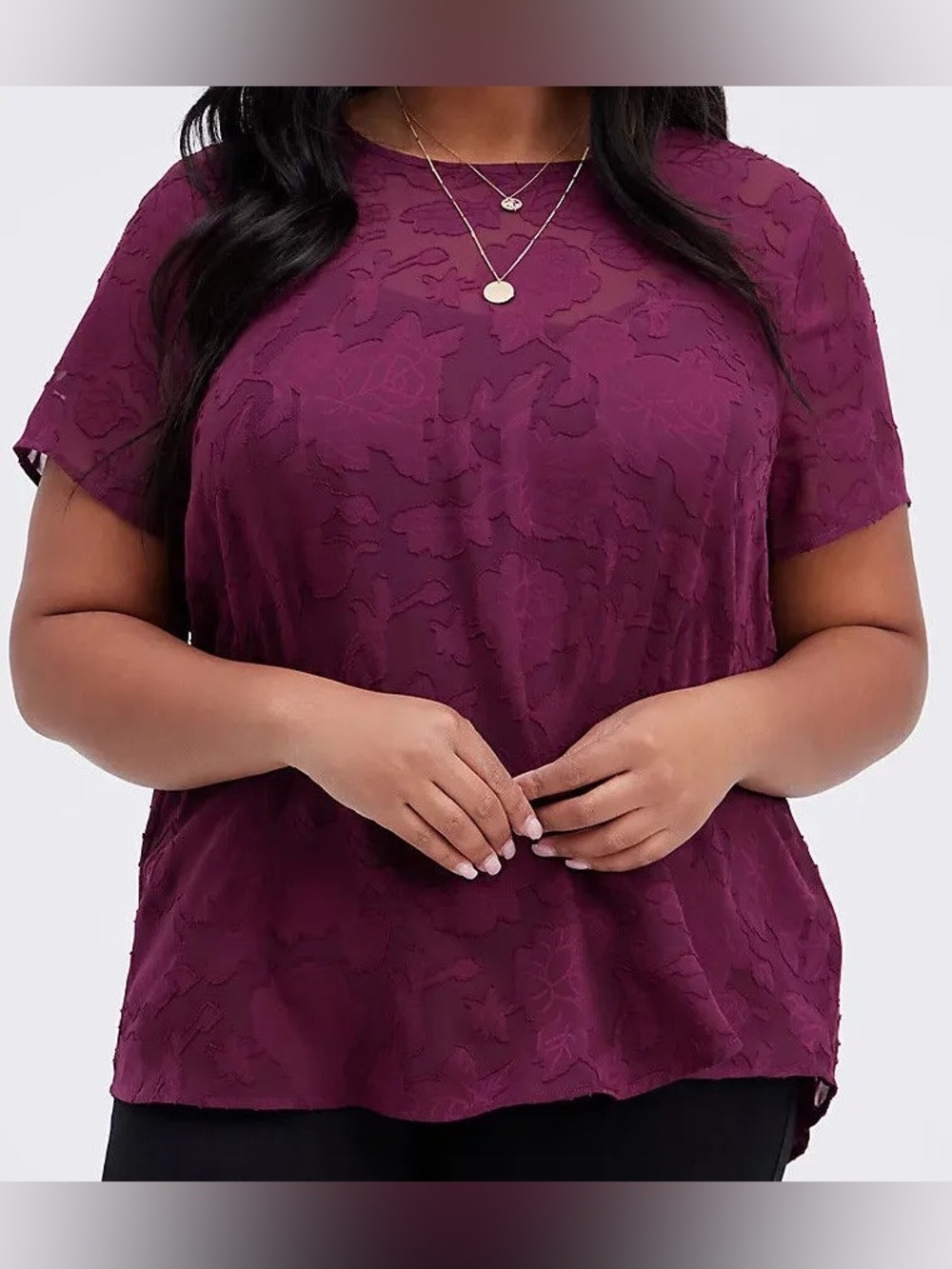 torrid Plum Lace Texture Floral Short Sleeve Blouse 0